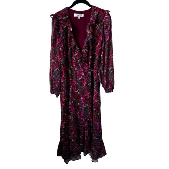 Adelyn Rae CARLEIGH FLORAL CHIFFON LONG SLEEVE WRAP DRESS IN MAGENTA BLOOM S - Picture 2 of 9